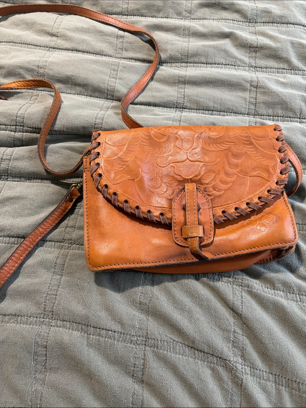 Hand-Tooled Leather Crossbody Bag in Cognac Brown